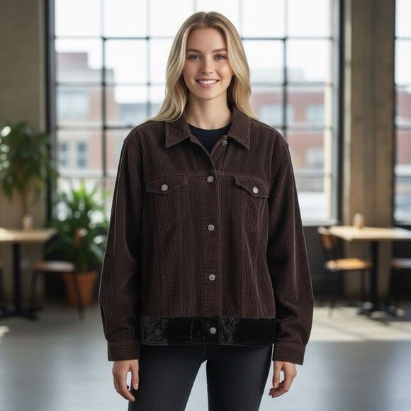 J Jill Corduroy Jacket Womens 1X Plus Velvet Trim Brown Classic Preppy Outerwear - Picture 1 of 12